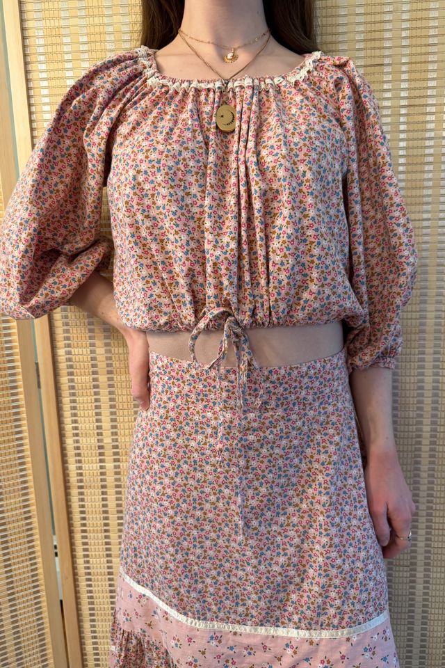 1970s Boho Gunne Sax Style Two Piece Pink Floral Set with Blouse and Midi Skirt Selected by Two Vintage Twins #1