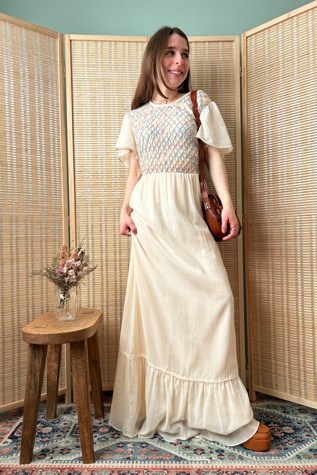 1970s Boho Cream Rainbow Flutter Sleeve Lace Trim Maxi Dress Selected by Two Vintage Twins