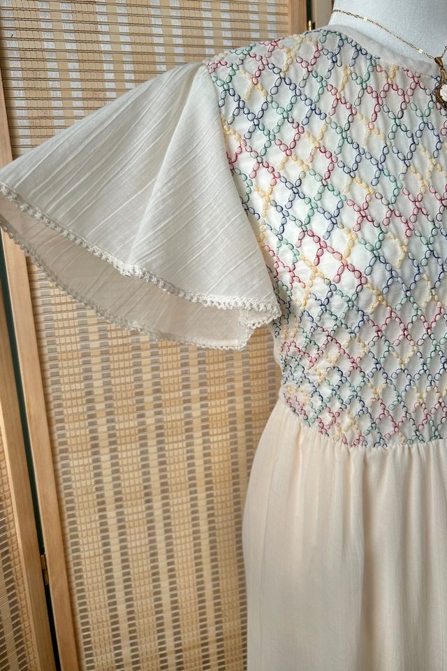 1970s Boho Cream Rainbow Flutter Sleeve Lace Trim Maxi Dress Selected by Two Vintage Twins #1