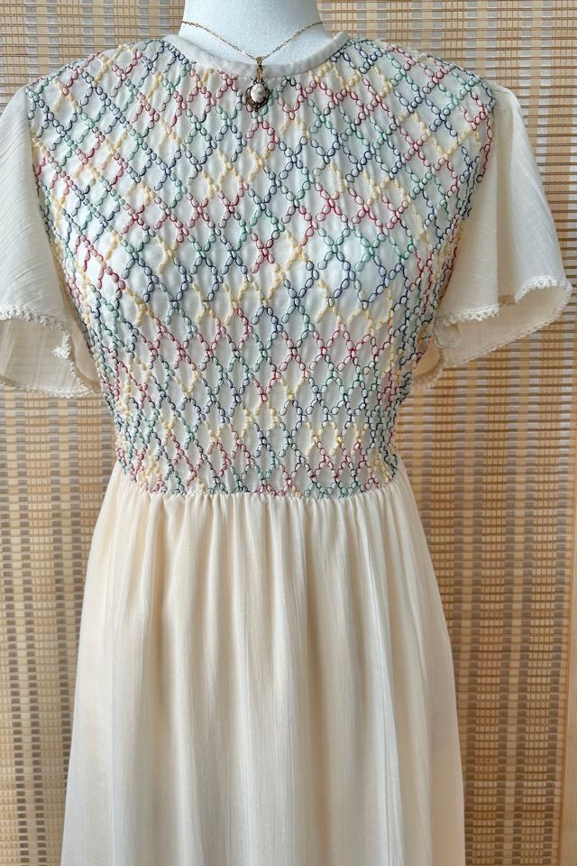 1970s Boho Cream Rainbow Flutter Sleeve Lace Trim Maxi Dress Selected by Two Vintage Twins #2