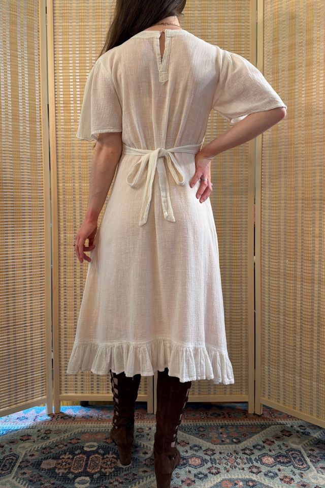 Vintage 1970s Boho White Floral Embroidered Cotton Gauze Flutter Sleeve Midi Dress Selected by Two Vintage Twins #3