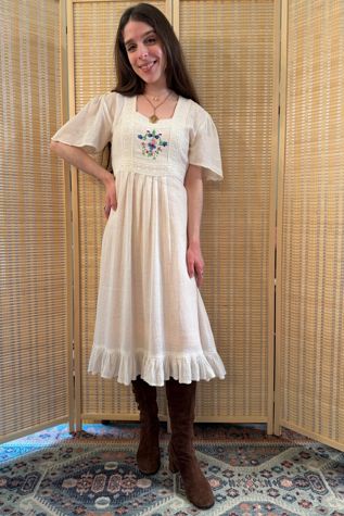 Vintage 1970s Boho White Floral Embroidered Cotton Gauze Flutter Sleeve Midi Dress Selected by Two Vintage Twins