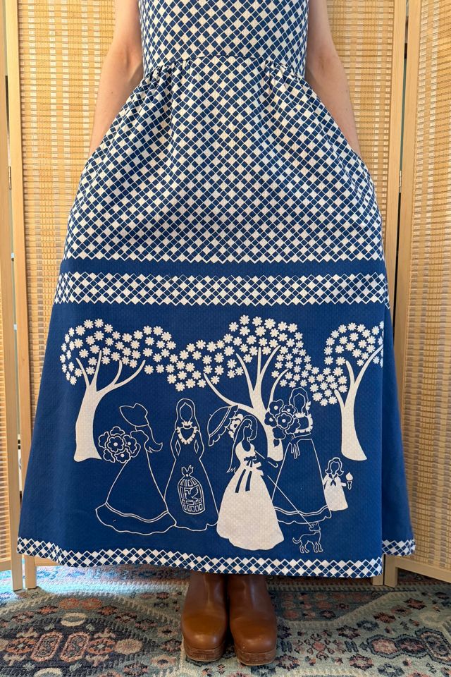 1970s Blue and White Bird Novelty Print Halter Dress Selected by Two Vintage Twins #1
