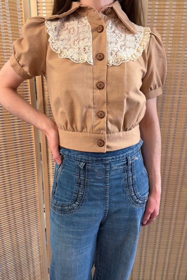 1970s Western Tan Lace Button Up Blouse Selected by Two Vintage Twins #1