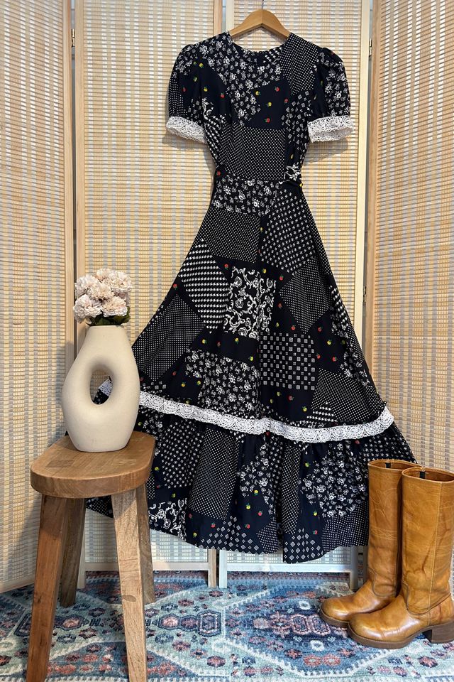 Vintage 1970s Black Floral Patchwork Lace Puff Sleeve Maxi Dress Selected by Two Vintage Twins #1