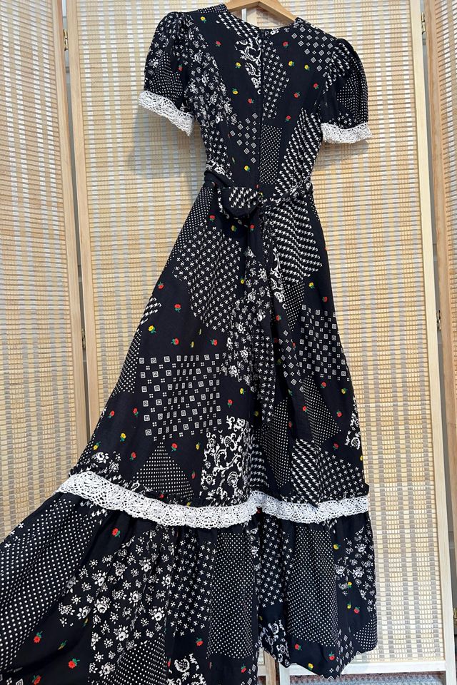 Vintage 1970s Black Floral Patchwork Lace Puff Sleeve Maxi Dress Selected by Two Vintage Twins #3