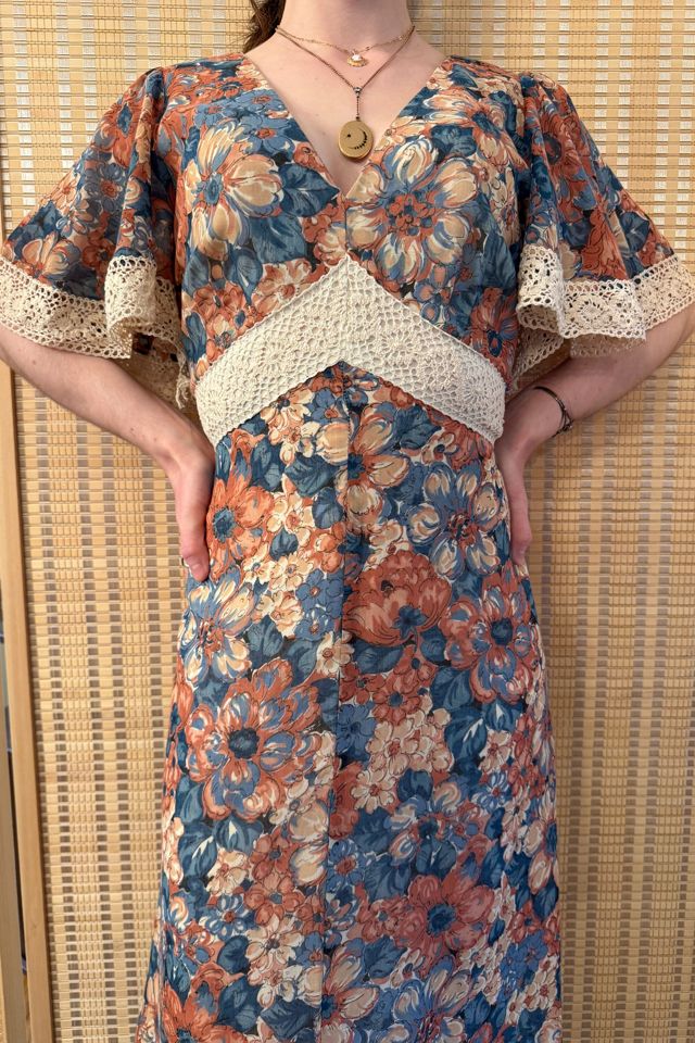 1970s Lace Floral Flutter Sleeve Empire Waist Maxi Dress Selected by Two Vintage Twins #1