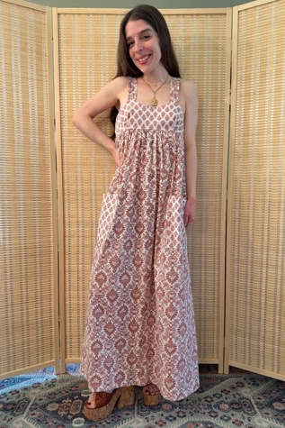 1970s Boho Terracotta Printed Floral Cotton Maxi Dress Selected by Two Vintage Twins