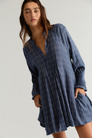 Женское платье Free People Backroads Plaid Button Down Mini, цвет: Индиго комбинированный — фото 3