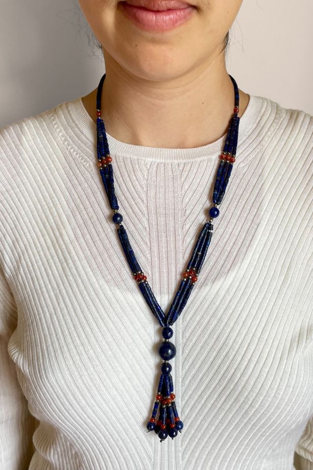 Vintage Lapis Boho Beaded Fringe Necklace Selected by MARMALADE #1