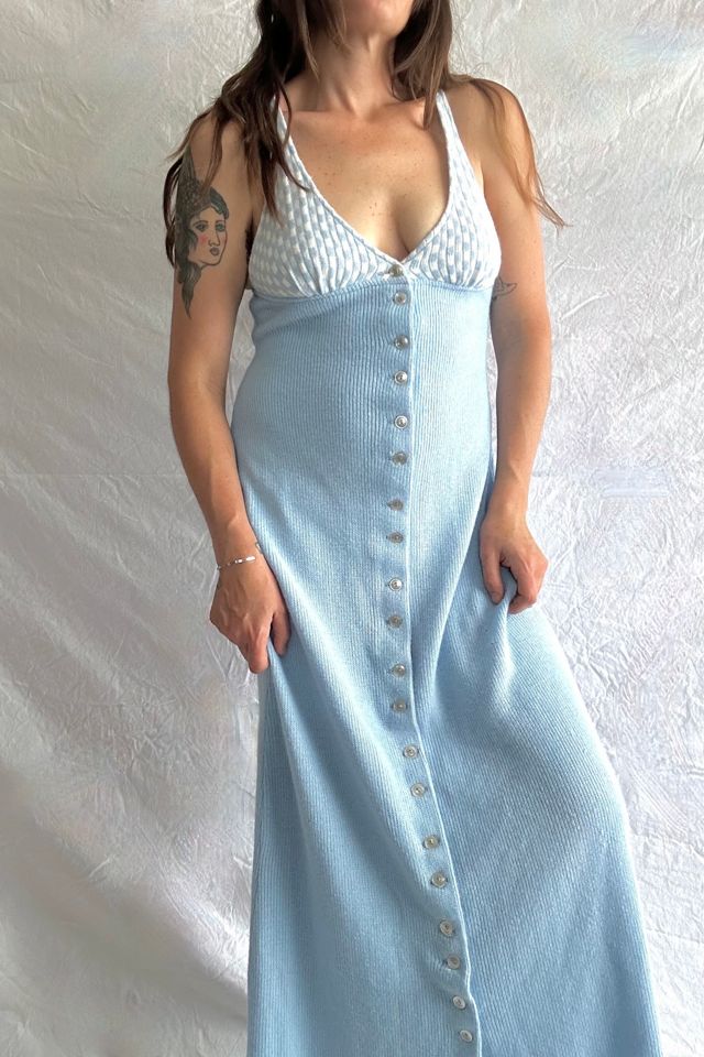 Vintage 1970s Baby Blue Checkered Knit Maxi Dress Selected by Grievous Angel Vintage #1