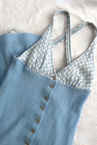 Vintage 1970s Baby Blue Checkered Knit Maxi Dress Selected by Grievous Angel Vintage