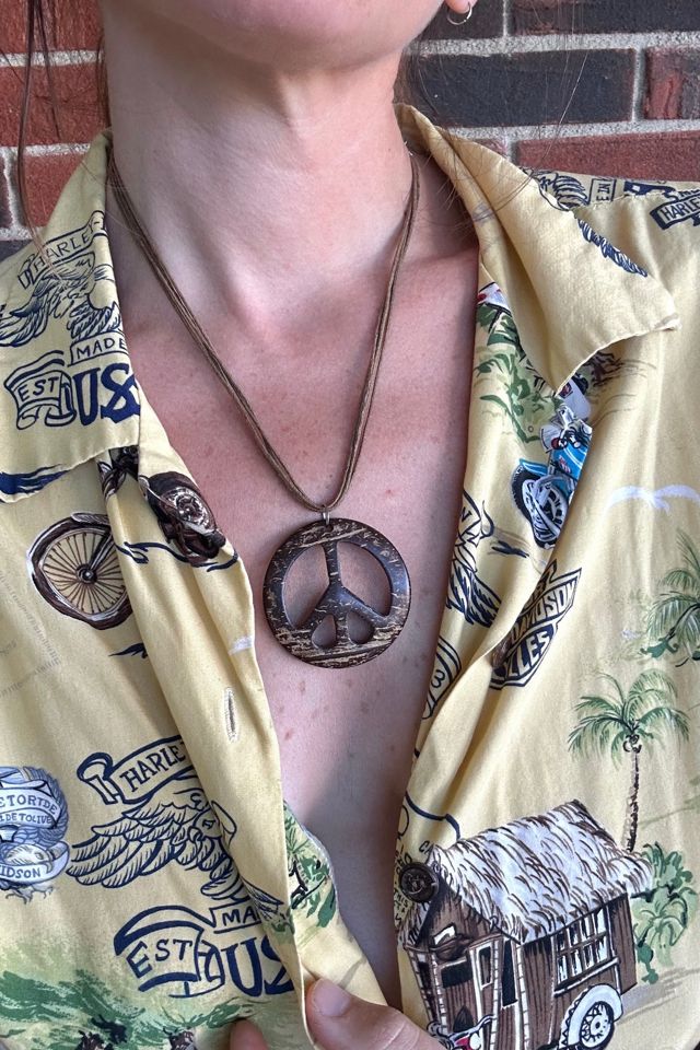 Vintage Carved Coconut Shell Peace Sign Necklace Selected by Grievous Angel Vintage #2
