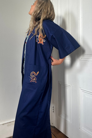 Vintage Blue Cotton Chinese Duster with Embroidered Dragon Motif Selected by KA.TL.AK