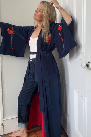 Vintage Blue with Red Embroidery Japanese Kimono Selected by KA.TL.AK