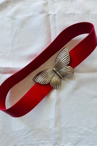 Vintage Red Pleather with Silver Tone Butterfly Adjustable Belt Selected by KA.TL.AK