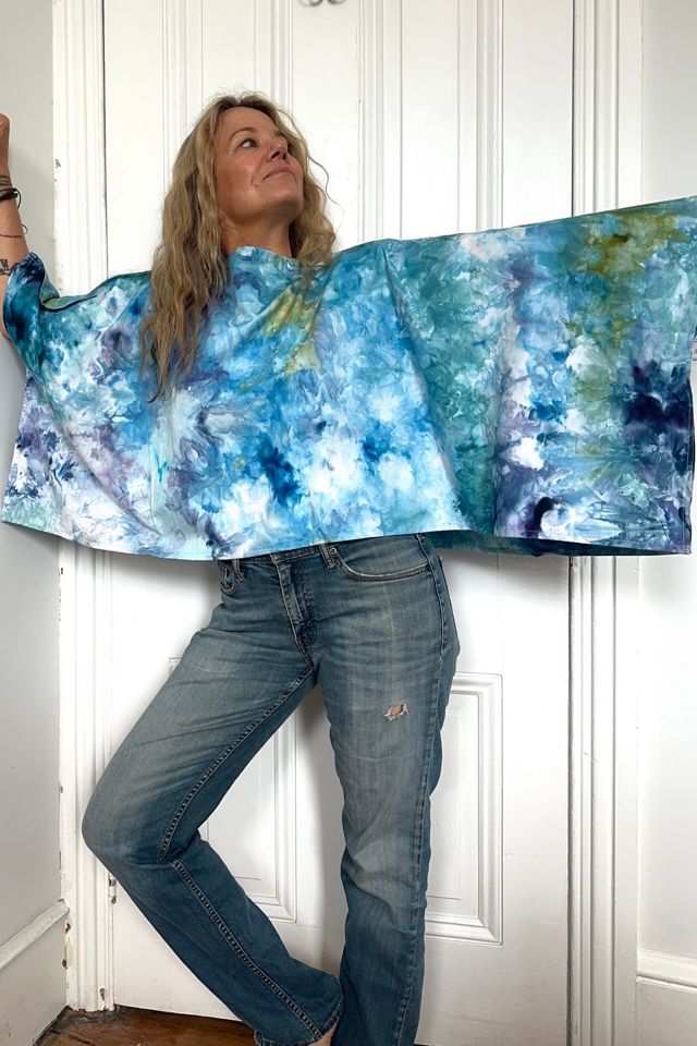 Wearable Art Hand Dyed Poncho with Blue Hydrangea Pattern Selected by KA.TL.AK #1