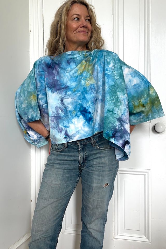 Wearable Art Hand Dyed Poncho with Blue Hydrangea Pattern Selected by KA.TL.AK #2
