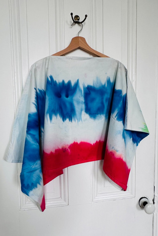 Wearable Art Hand Dyed Poncho with Red, Blue and Lime Pattern Selected by KA.TL.AK