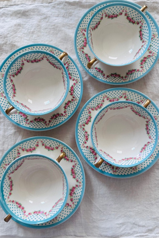 Vintage Set of Four Rose and Polka Dot Consomme Bowls with Saucers Selected by KA.TL.AK