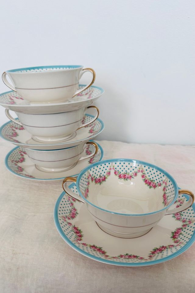 Vintage Set of Four Rose and Polka Dot Consomme Bowls with Saucers Selected by KA.TL.AK #1