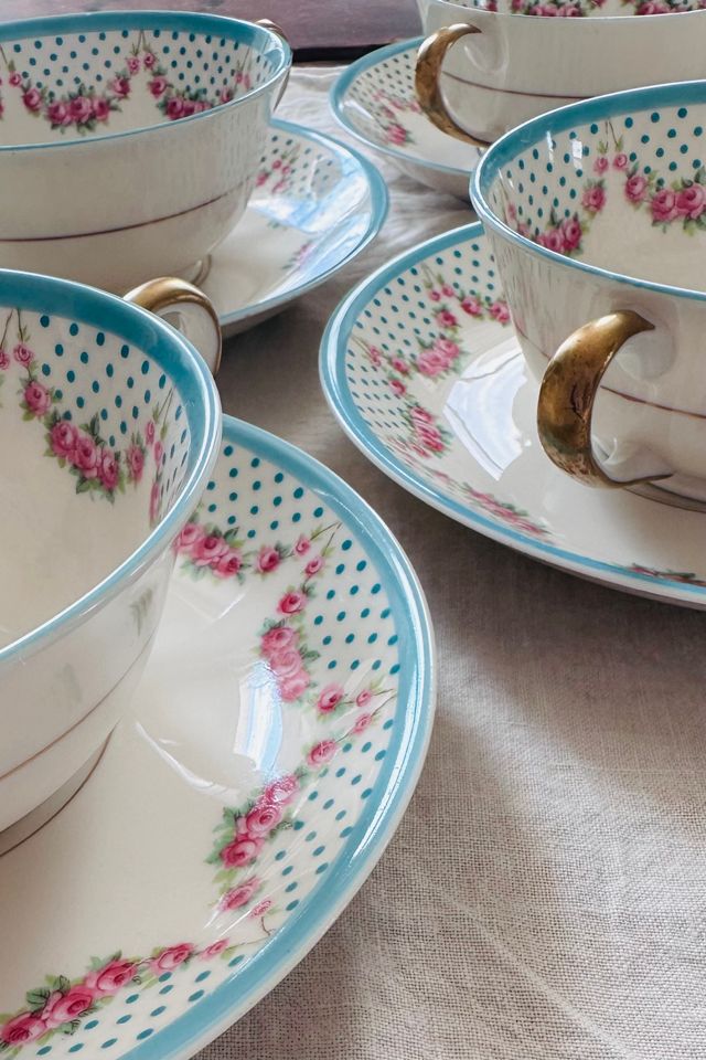 Vintage Set of Four Rose and Polka Dot Consomme Bowls with Saucers Selected by KA.TL.AK #2