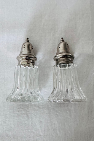 Vintage Tassel Shaped Cut Glass Salt and Pepper Shakers with Silverplate Selected by KA.TL.AK
