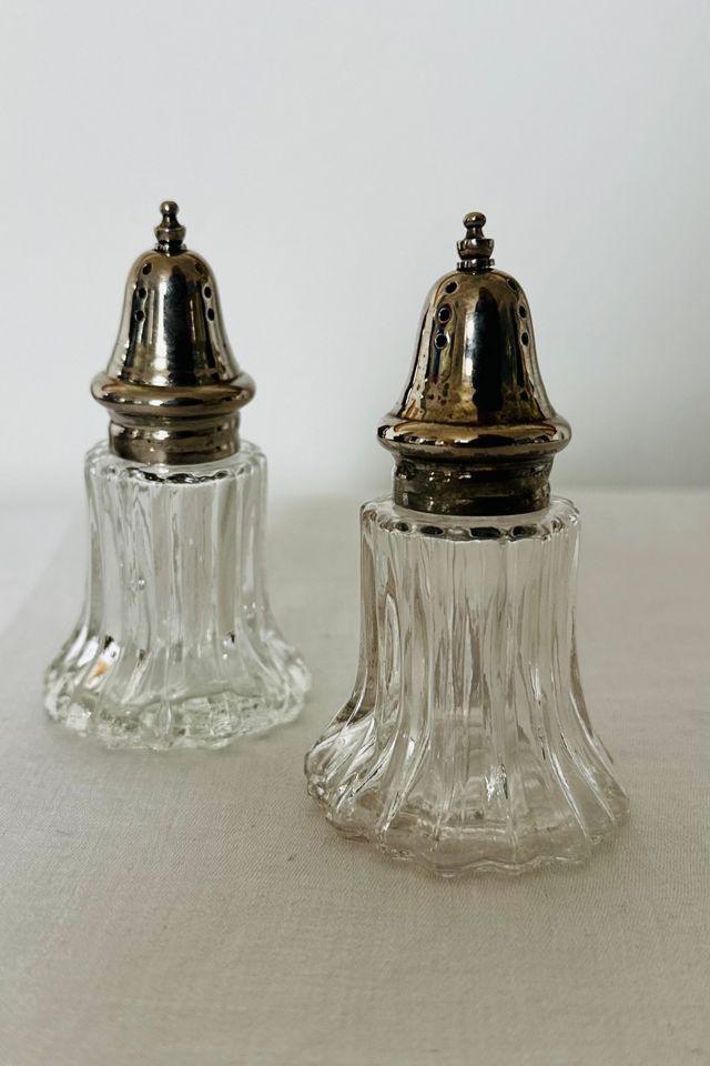 Vintage Tassel Shaped Cut Glass Salt and Pepper Shakers with Silverplate Selected by KA.TL.AK #2