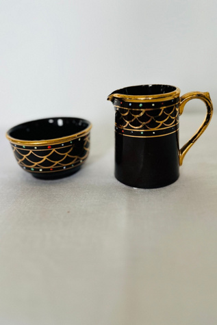 Vintage Brown and Gold Hand Painted Polka Dot Cream and Sugar Set Selected by KA.TL.AK