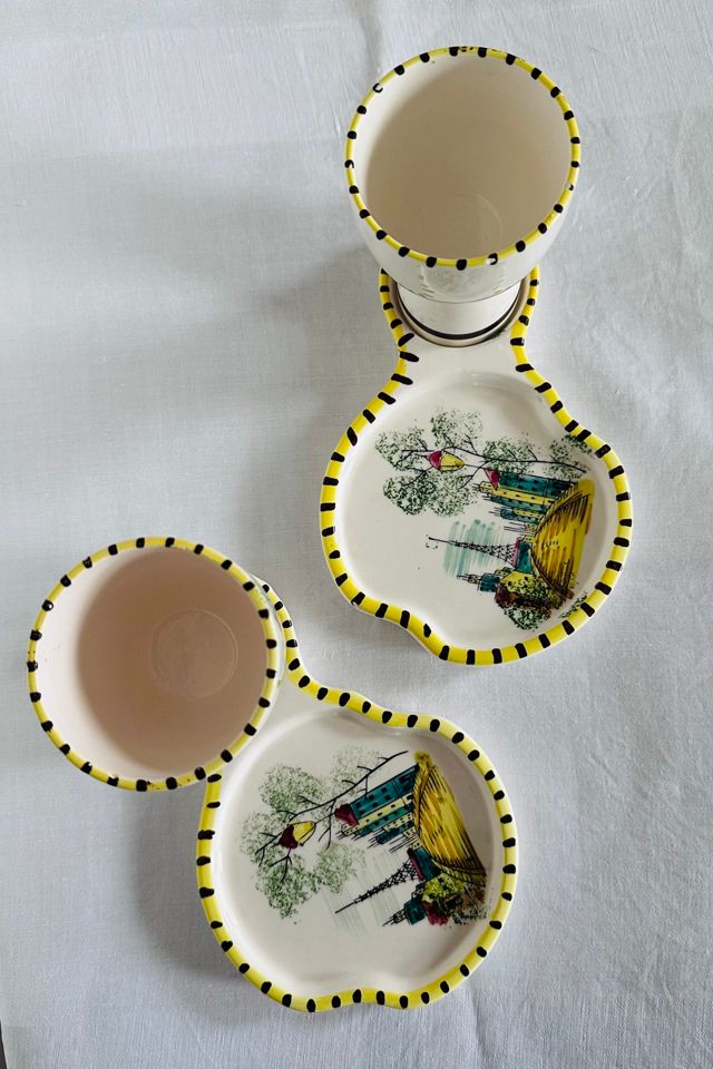 Vintage Hand Painted Paris Street Scene Egg Cups with Matching Plates Selected by KA.TL.AK #1