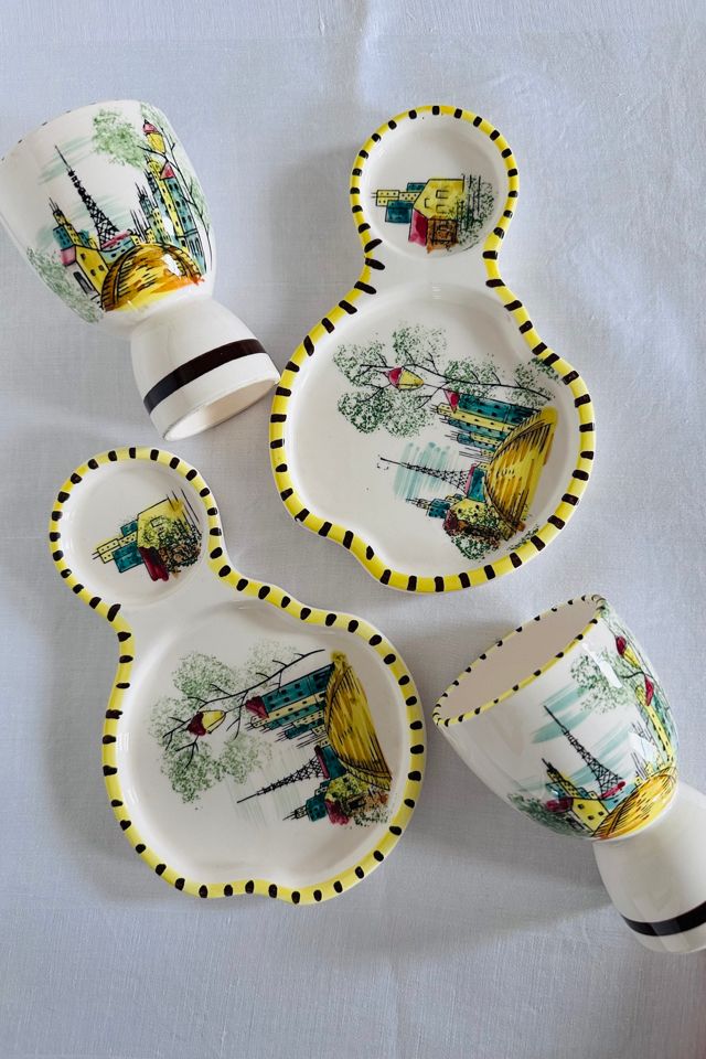 Vintage Hand Painted Paris Street Scene Egg Cups with Matching Plates Selected by KA.TL.AK #2