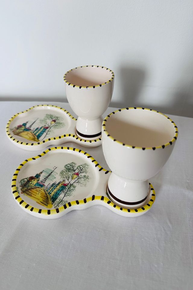 Vintage Hand Painted Paris Street Scene Egg Cups with Matching Plates Selected by KA.TL.AK #3