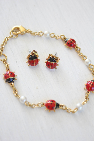 Vintage Lady Bug Bracelet + Earrings Set Selected By Moons + Junes Vintage