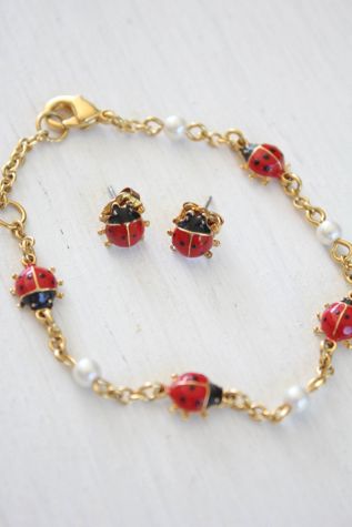 Vintage Lady Bug Bracelet + Earrings Set Selected By Moons + Junes Vintage