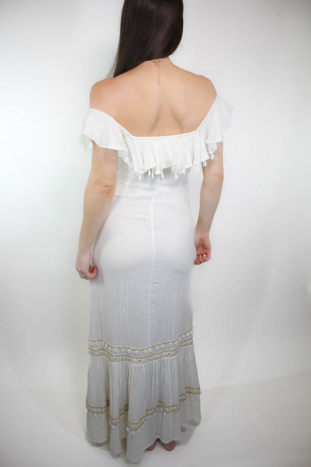 Off-The-Shoulder Cowrie Shell White Muslin Cotton Maxi Dress Selected By Moons + Junes Vintage #2