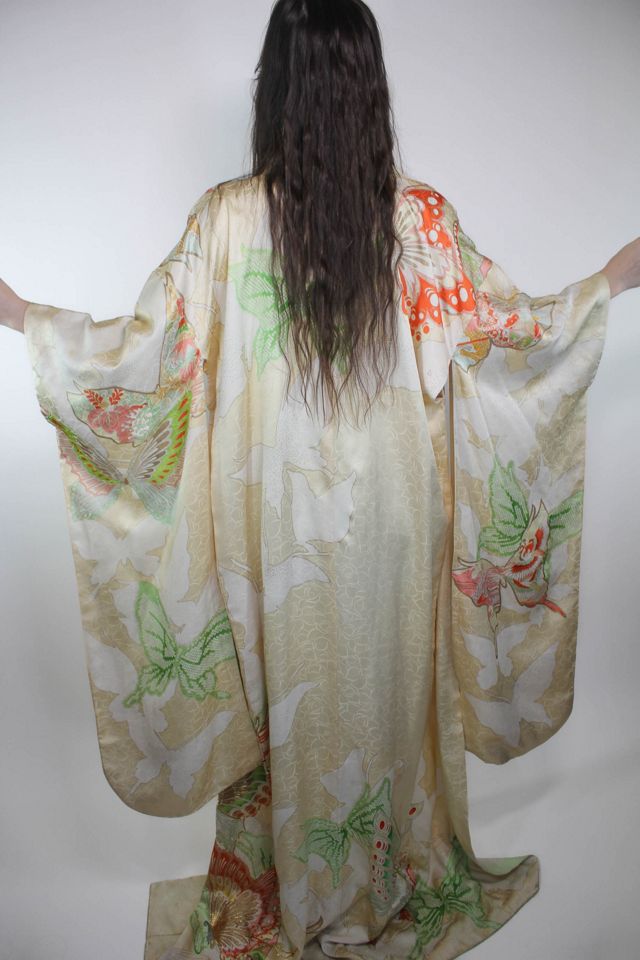 1960s Tropical Butterfly Silk Kimono Floor Length Robe Selected By Moons + Junes Vintage #1