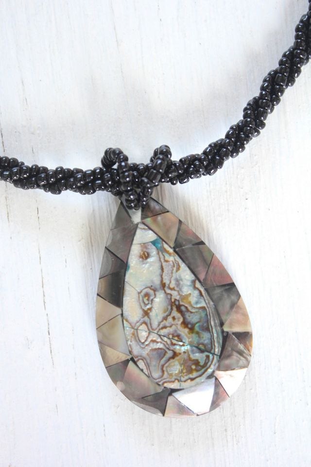 Vintage Abalone Shell Pendant Bradied Bead Necklace Selected By Moons + Junes Vintage #1