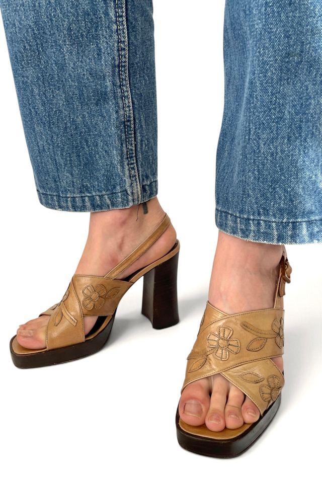 Vintage Charles David Tan Leather Platform Floral Heels Selected By Ankh By Racquel #1