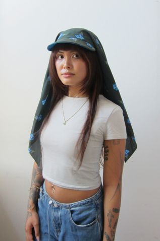 Highdive one-of-a-kind THE EDIE Scarf Hat in Forest Green Bluebell print
