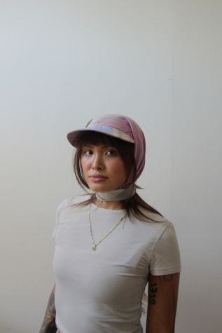 Highdive one-of-a-kind THE EDIE Scarf Hat in Violet and Sterling Silver print