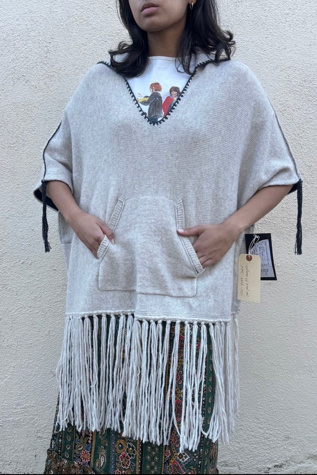 Raquel Allegra Oatmeal Cashmere Blend Fringed Poncho Selected by The Curatorial Dept.