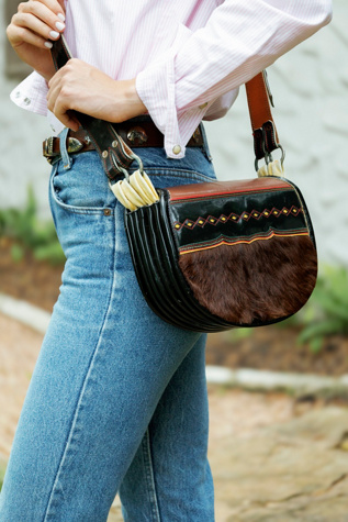 1960s Mescace Cowhide Mixed-Media Crossbody Saddle Bag by Lauren Owen of Texas