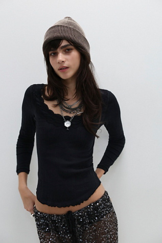Женский топ Intimately Classic Keepsake Pointelle Long Sleeve, цвет: Чёрный — фото 1