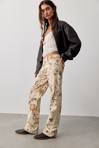 Женские джинсы We The Free Luna Printed Mid-Rise Straight, цвет: Пудрово-розовый комбинированный — фото 4
