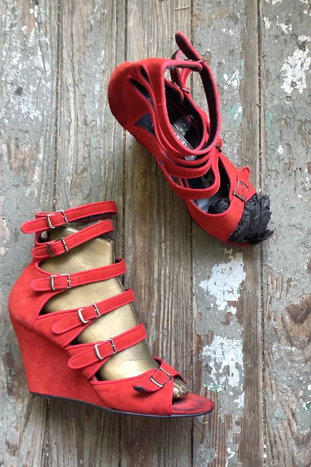 1980s Norma Kamali Red Suede Strappy Wedges Selected by Cherry #1