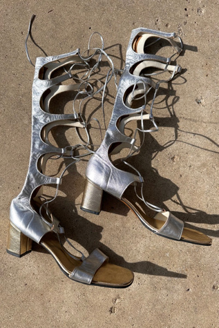 1960s Deadstock Silver Leather Lace Up Tall Gladiator Sandals Selected by Cherry