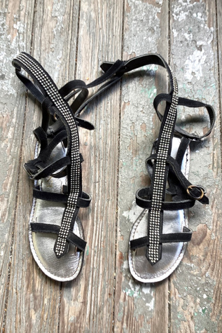 1960s ENRICO Black Suede Rhinestone Gladiator Sandals Selected by Cherry