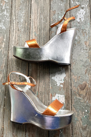 1970s Joseph LaRose Metallic Silver and Bronze Platform Wedges Selected by Cherry