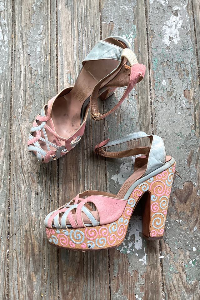 1940s Pink and Blue Suede Cork Heeled Platforms Selected by Cherry #1