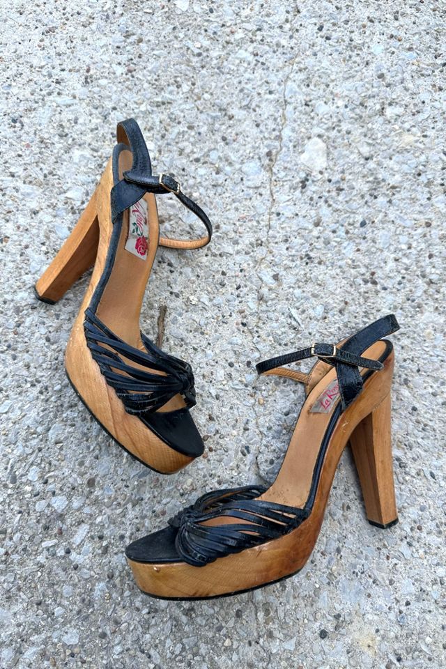 1970s Joseph LaRose Black Leather Strappy Wood Platforms Selected by Cherry #1